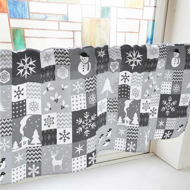 P・O・Pプロダクツ カフェカーテン W1000 41671　クリスマス柄パッチワーク　黒 1枚（ご注文単位1枚）【直送品】