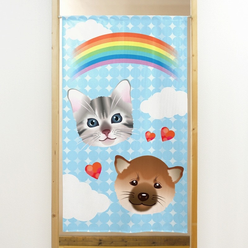 P・O・Pプロダクツ 市松レースのれん  41973　虹とアメショー＆柴犬 1枚（ご注文単位1枚）【直送品】