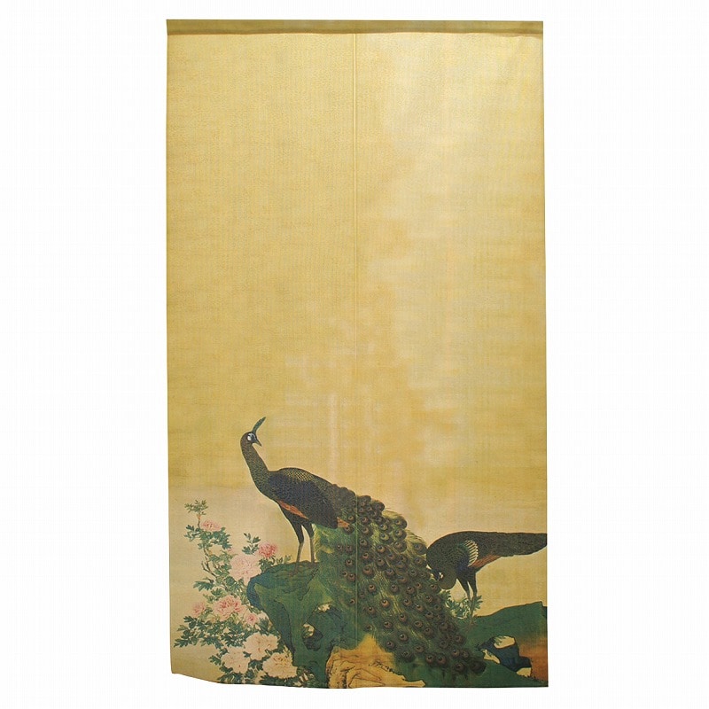 P・O・Pプロダクツ 市松レースのれん  42110　応挙　牡丹孔雀図 1枚（ご注文単位1枚）【直送品】