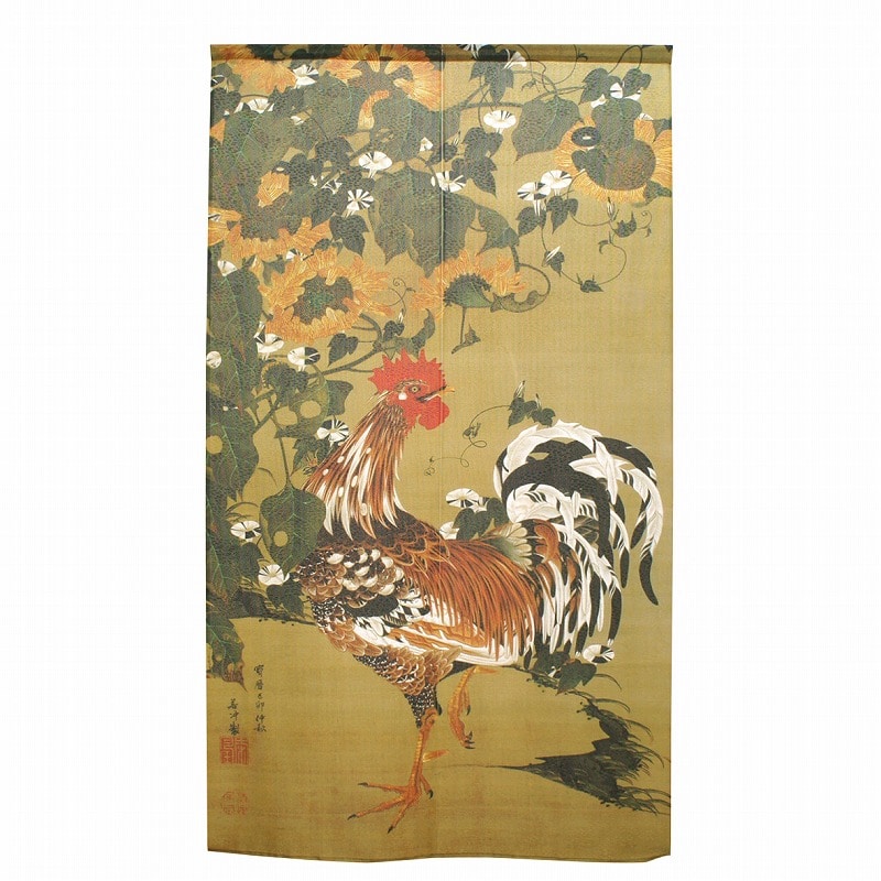 P・O・Pプロダクツ 市松レースのれん  42120　若冲　向日葵雄鶏 1枚（ご注文単位1枚）【直送品】
