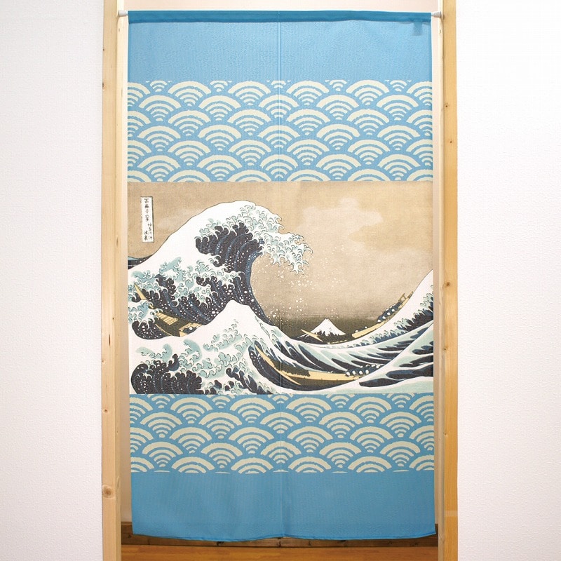 P・O・Pプロダクツ 市松レースのれん  42326　北斎　神奈川　水色 1枚（ご注文単位1枚）【直送品】