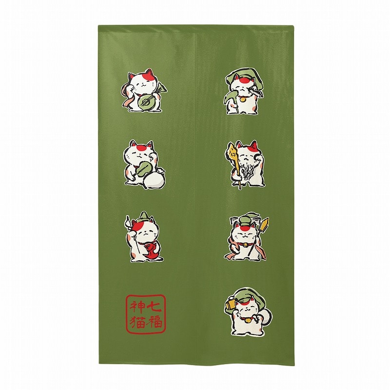 P・O・Pプロダクツ 市松レースのれん  43753　七福神招き猫　緑 1枚（ご注文単位1枚）【直送品】