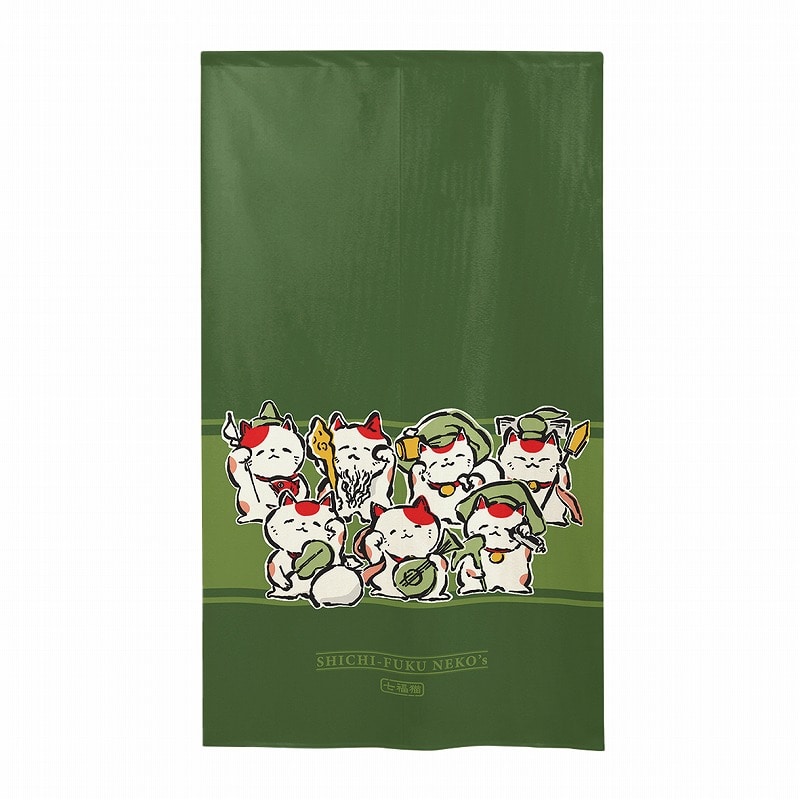 P・O・Pプロダクツ 市松レースのれん  43757　七福猫大集合　緑 1枚（ご注文単位1枚）【直送品】