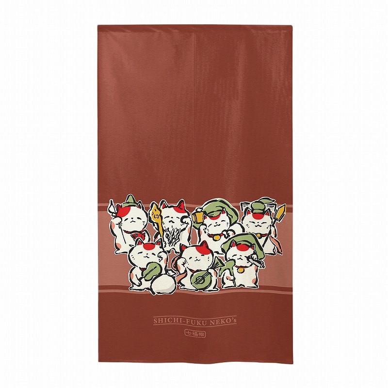 P・O・Pプロダクツ 市松レースのれん  43758　七福猫大集合　赤 1枚（ご注文単位1枚）【直送品】