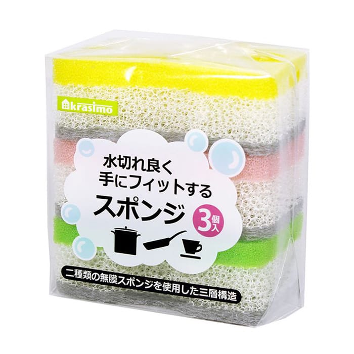 ジャパンプレミアム 水切れ良く手にフィットするスポンジ 3個入 91216609 1袋(ご注文単位10袋)【直送品】