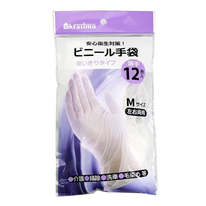 ジャパンプレミアム ビニール手袋 Mサイズ 薄手 12枚入 91420729 1袋(ご注文単位10袋)【直送品】