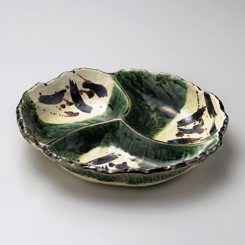 山万 01603-170 織部三つ仕切9.0鉢  1個（ご注文単位1個）【直送品】