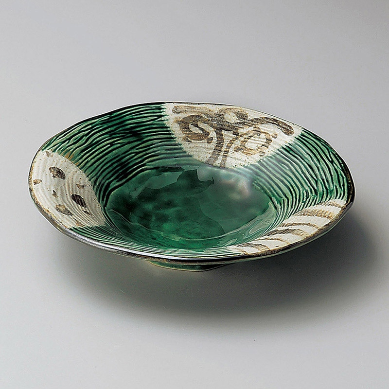 山万 06717-100 織部山里ストライプ5寸浅鉢  1個（ご注文単位1個）【直送品】