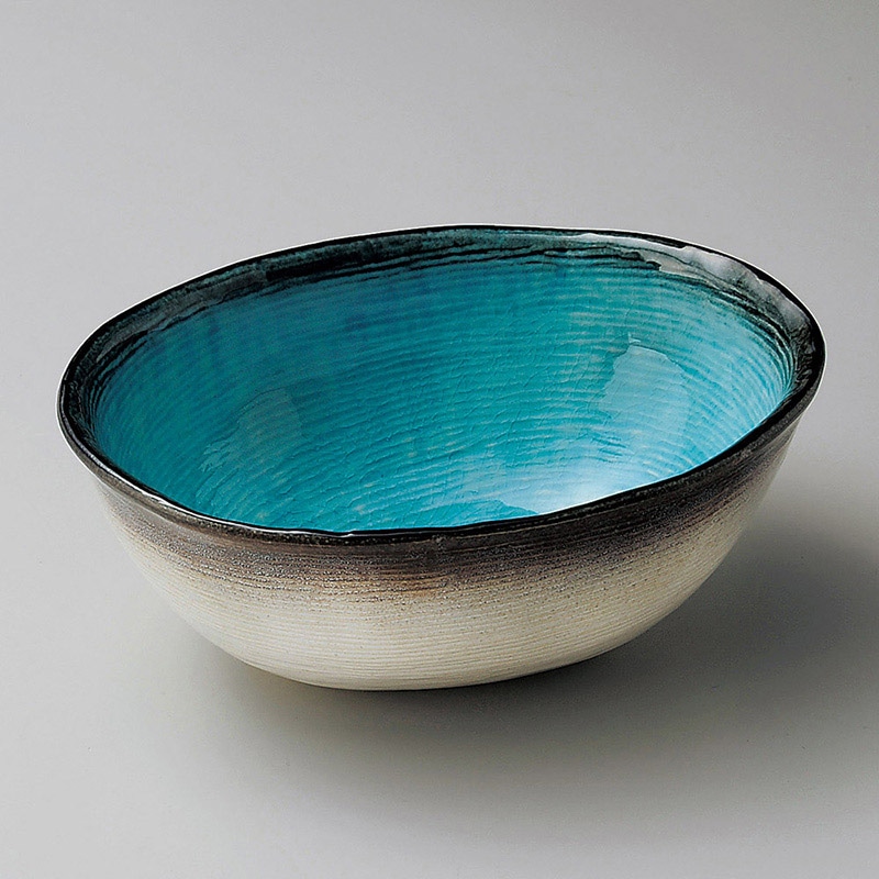 山万 06719-100 均窯スカイBLストライプ楕円鉢 1個（ご注文単位1個）【直送品】