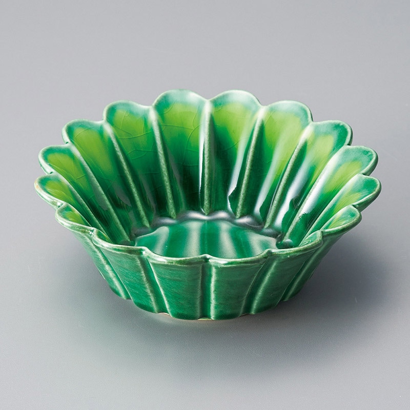 山万 08618-140 緑釉黄流しとちり花型4.5小鉢 1個（ご注文単位1個）【直送品】