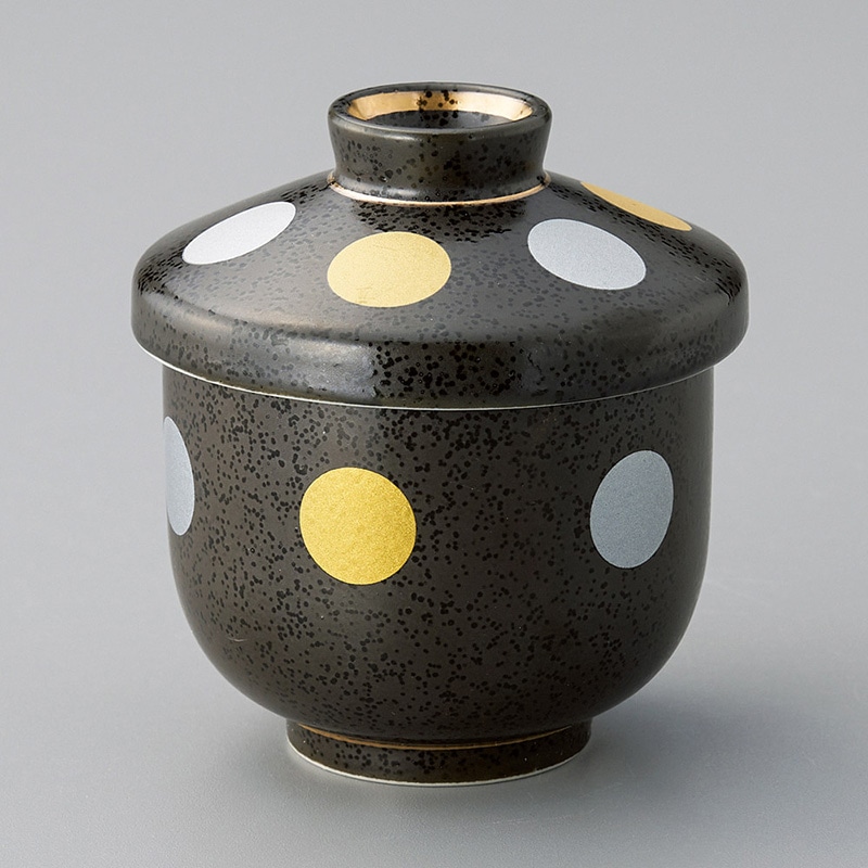 山万 16121-130 黒結晶金銀彩丸紋むし碗  1個（ご注文単位1個）【直送品】