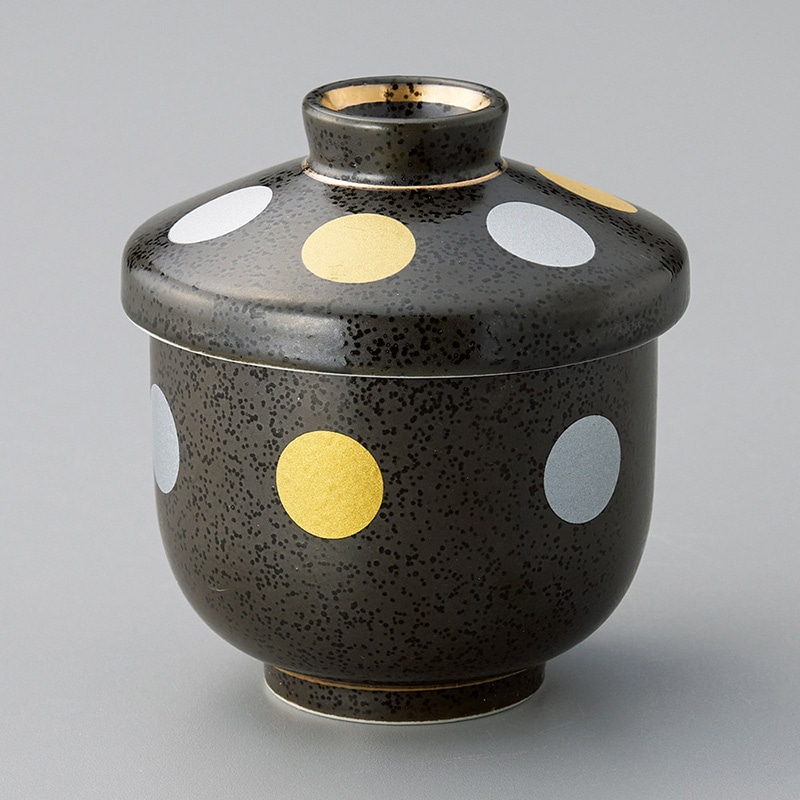 山万 16122-130 黒結晶金銀彩丸紋小むし碗  1個（ご注文単位1個）【直送品】