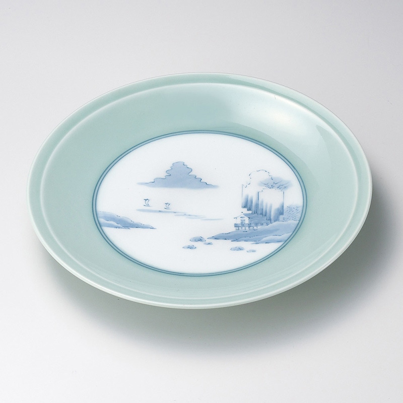 山万 17005-730 青磁内山水高台10号皿(有田焼 1個（ご注文単位1個）【直送品】