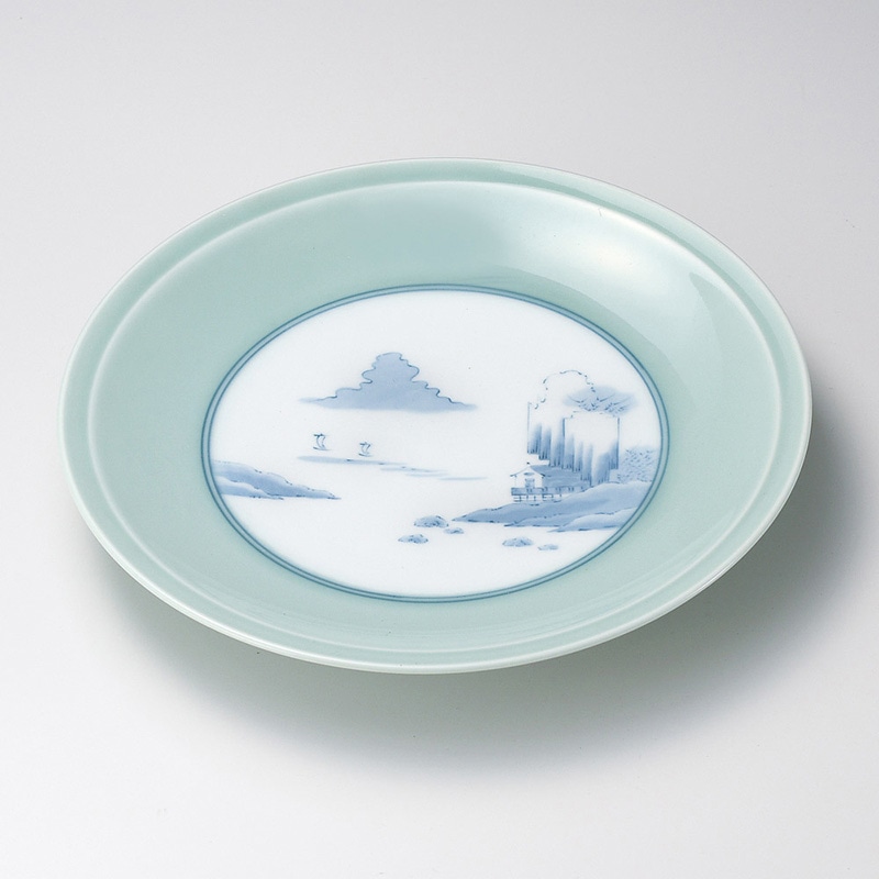 山万 17008-730 青磁内山水高台7号皿(有田焼) 1個（ご注文単位1個）【直送品】