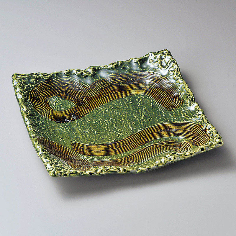 山万 17320-Y0 織部10号四ツ足正角皿(萬古焼  1個（ご注文単位1個）【直送品】