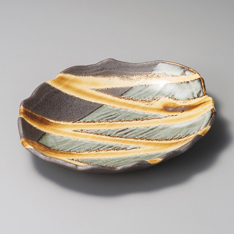 山万 19308-100 乱線白流しソギ入楕円皿 大 1個（ご注文単位1個）【直送品】