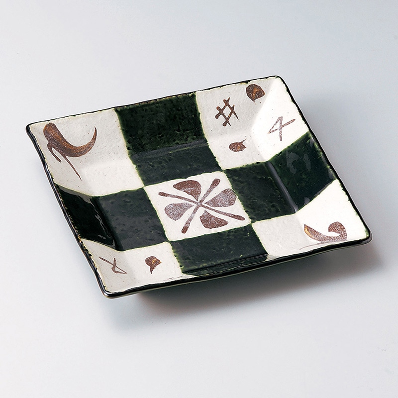 山万 23205-100 織部格子正角皿(中)  1個（ご注文単位1個）【直送品】