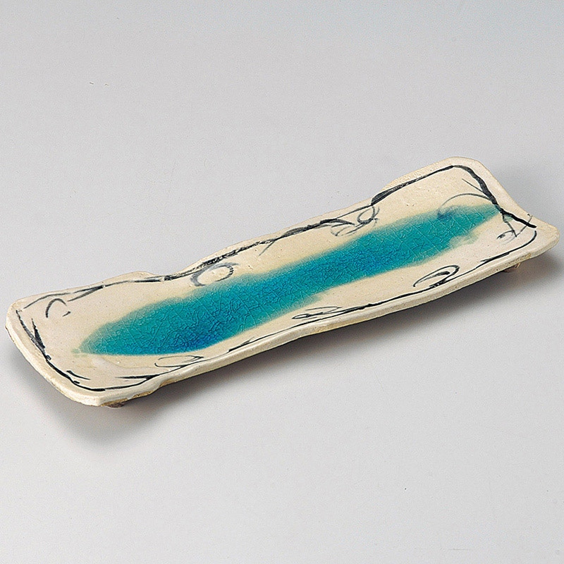 山万 24603-100 志野ブルー流し変型長皿 1個（ご注文単位1個）【直送品】