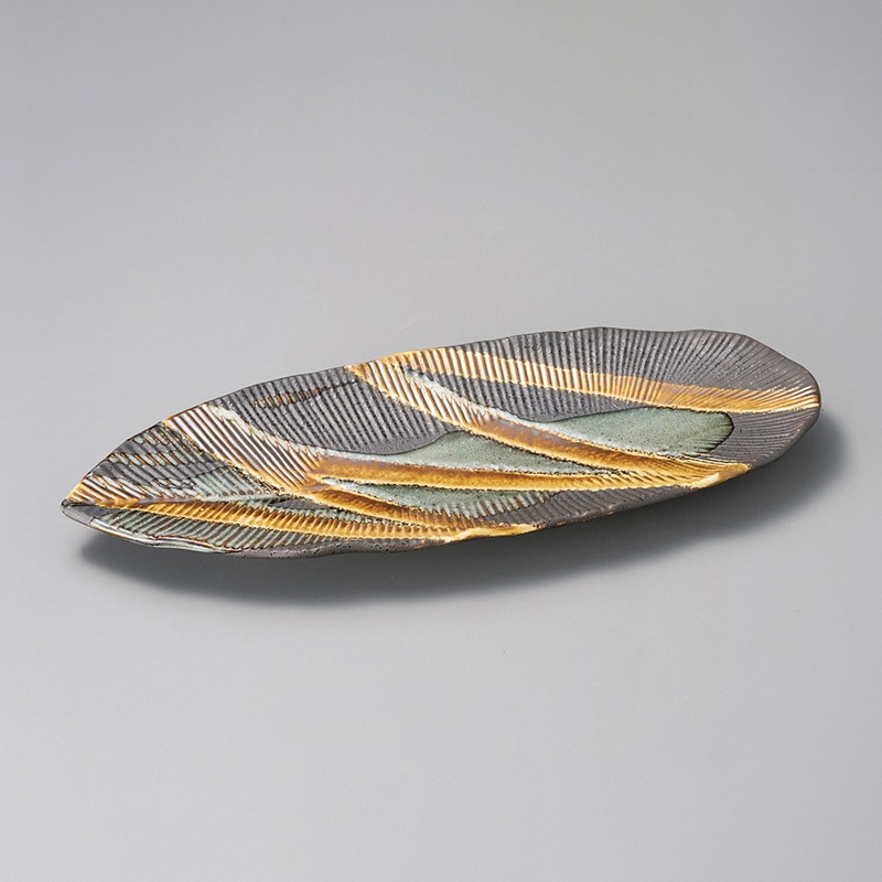 山万 25001-100 乱線白流し葉型長皿 大 1個（ご注文単位1個）【直送品】