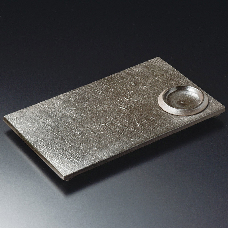 山万 28501-460 黒陶石目四つ足一つ穴長角皿 千 1個（ご注文単位1個）【直送品】