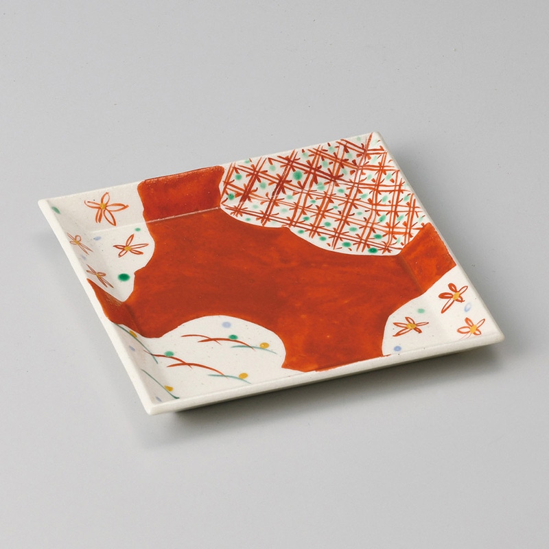 山万 29326-570 赤格子角中皿 1個（ご注文単位1個）【直送品】