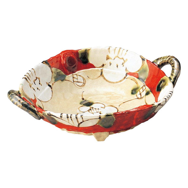 山万 47402-570 上絵山茶花 (赤)手付鉢(小) 1個（ご注文単位1個）【直送品】