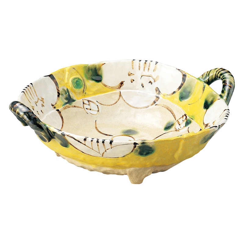 山万 47406-570 上絵山茶花 (黄)手付鉢(大) 1個（ご注文単位1個）【直送品】