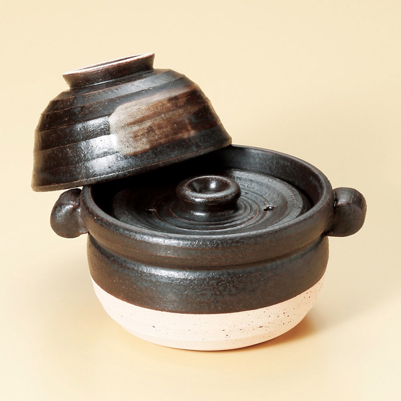 山万 52719-650 黒陶茶碗付ご飯鍋 中蓋付1合炊 1個（ご注文単位1個）【直送品】