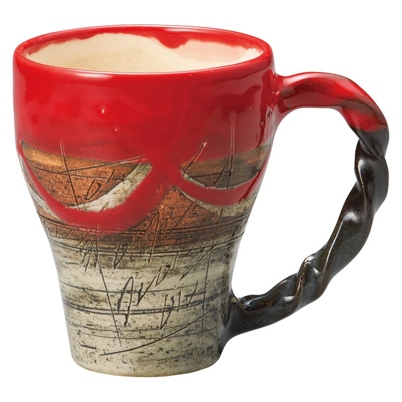 山万 59003-510 紅釉刻紋ねじり手マグカップ 1個(ご注文単位1個)【直送品】