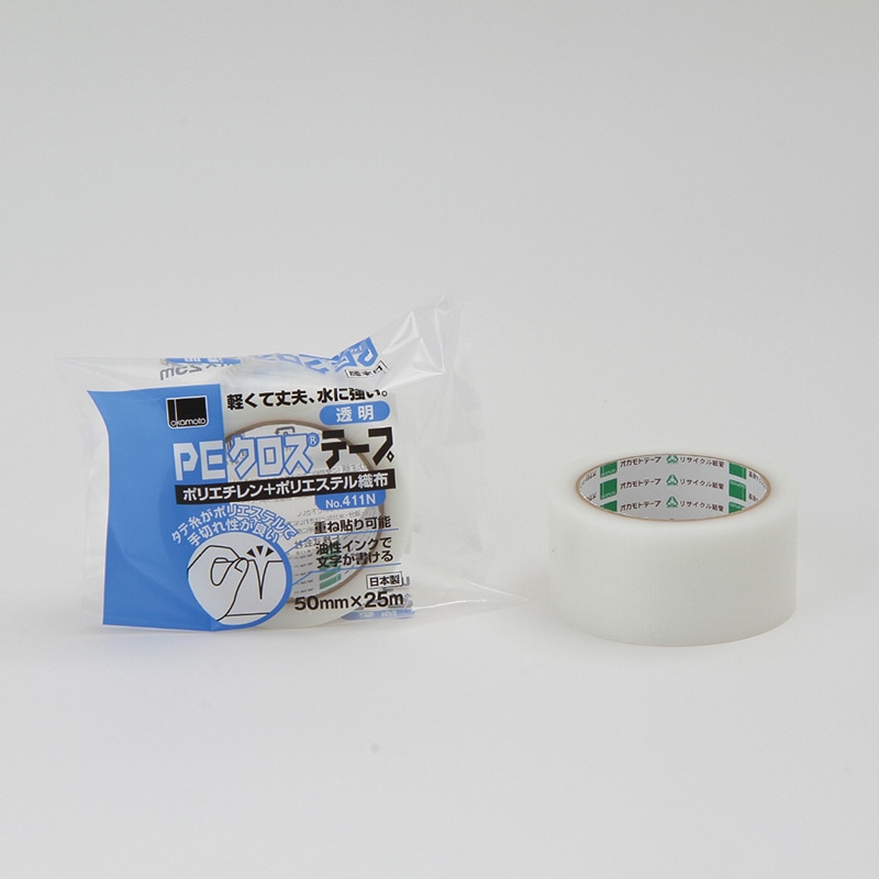 オカモト 布テープ　PEクロス　No.411N 50mm×25m 透明 1巻（ご注文単位30巻）【直送品】
