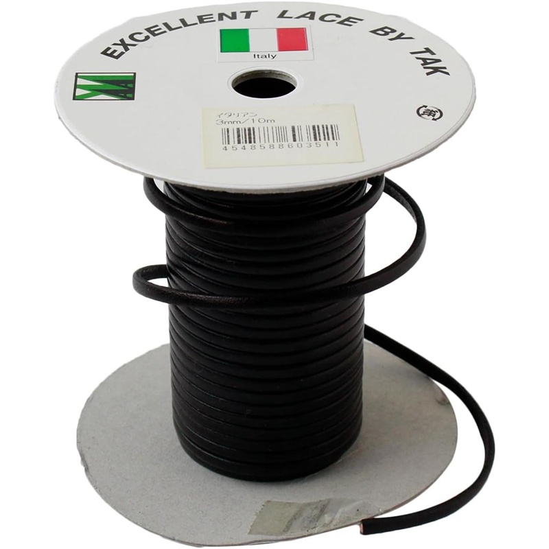 日本紐釦貿易 イタリア製本革コード 3ｍｍ幅 10ｍ巻 黒 YC3-10M-9 （ご注文単位1巻）【直送品】