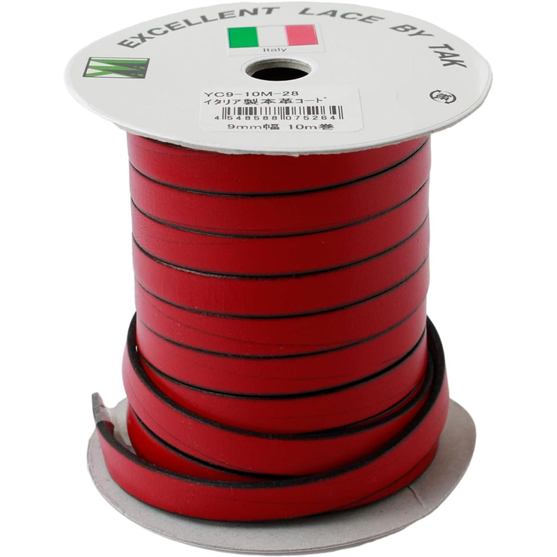日本紐釦貿易 イタリア製本革コード 9ｍｍ幅 10ｍ巻 赤 YC9-10M-28 （ご注文単位1巻）【直送品】