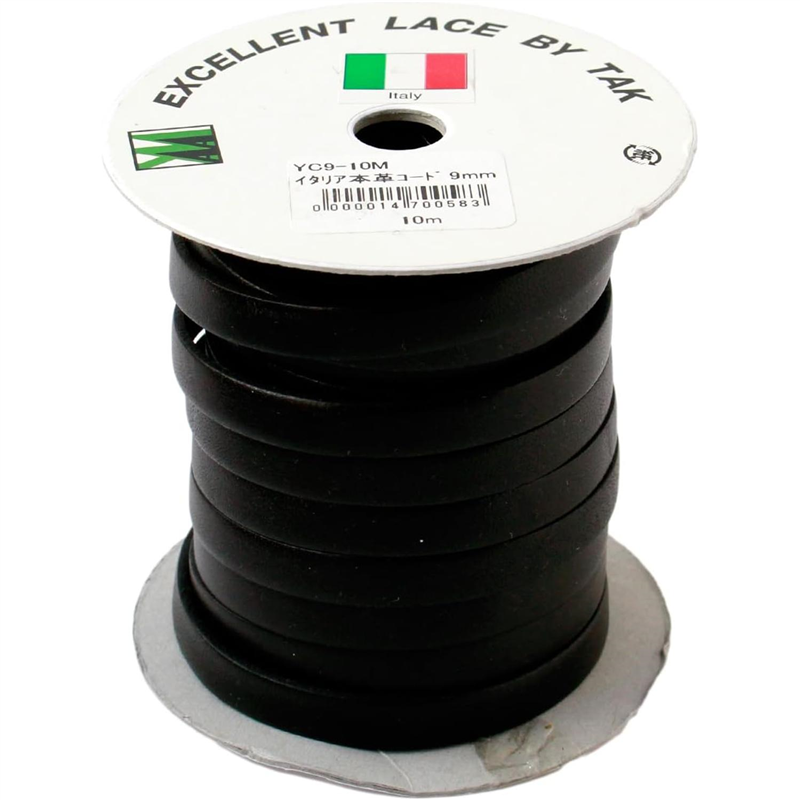日本紐釦貿易 イタリア製本革コード 9ｍｍ幅 10ｍ巻 黒 YC9-10M-9 （ご注文単位1巻）【直送品】