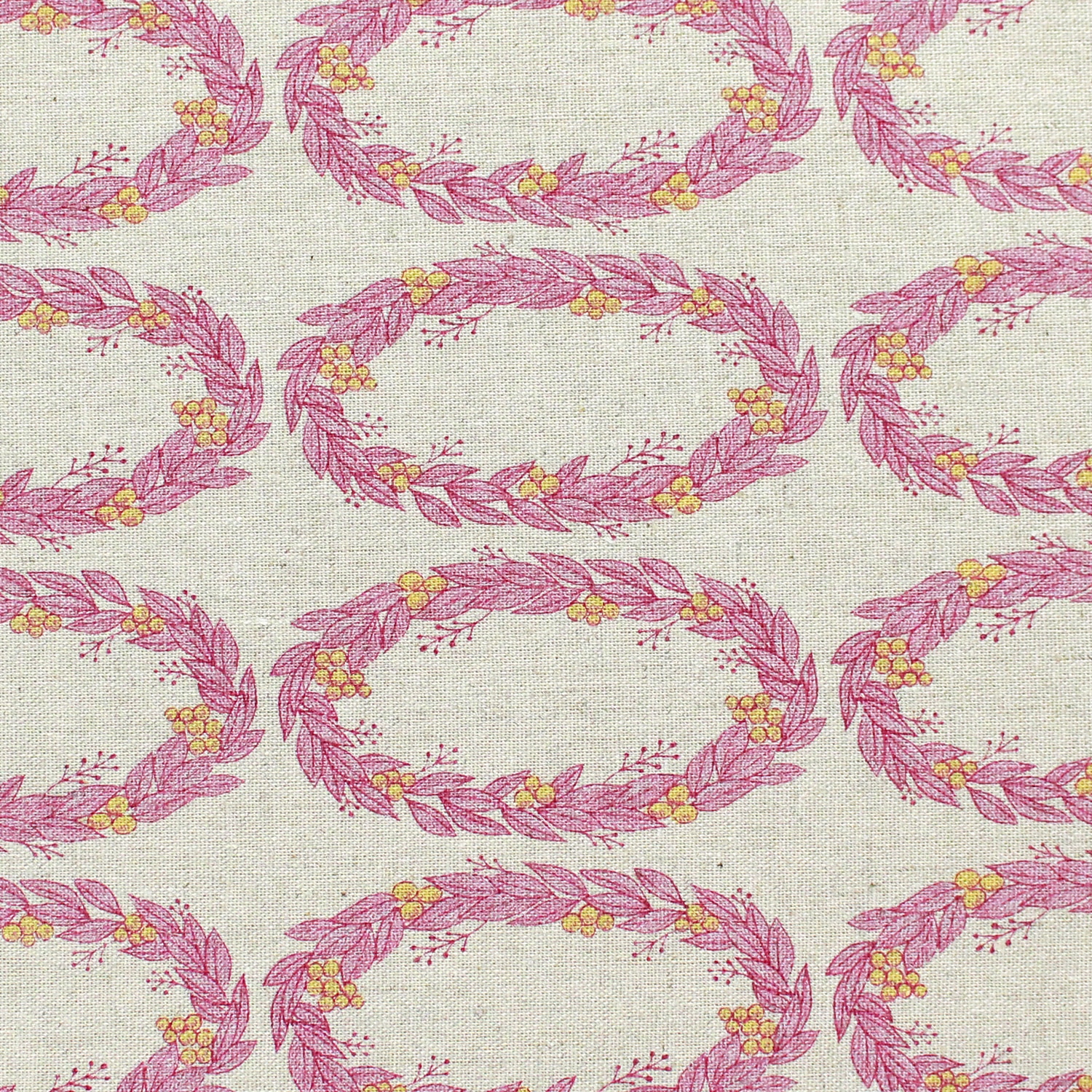 日本紐釦貿易 マカベアリス Words of Forest -Wreath- 綿麻プリント生地 カットクロス 約53Ｘ50cm ピンク×ベージュ ACM003CUT-E （ご注文単位1枚）【直送品】