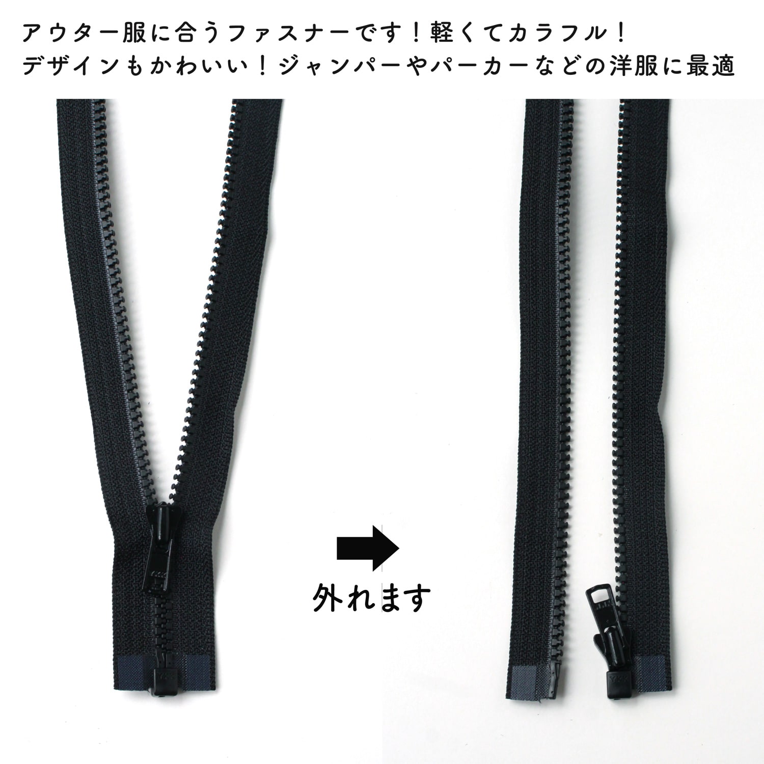 日本紐釦貿易 Y.K.K ビスロンオープンファスナー 40cm 同色3本入 col.580 黒 3VS40-580 (ご注文単位1束)【直送品】