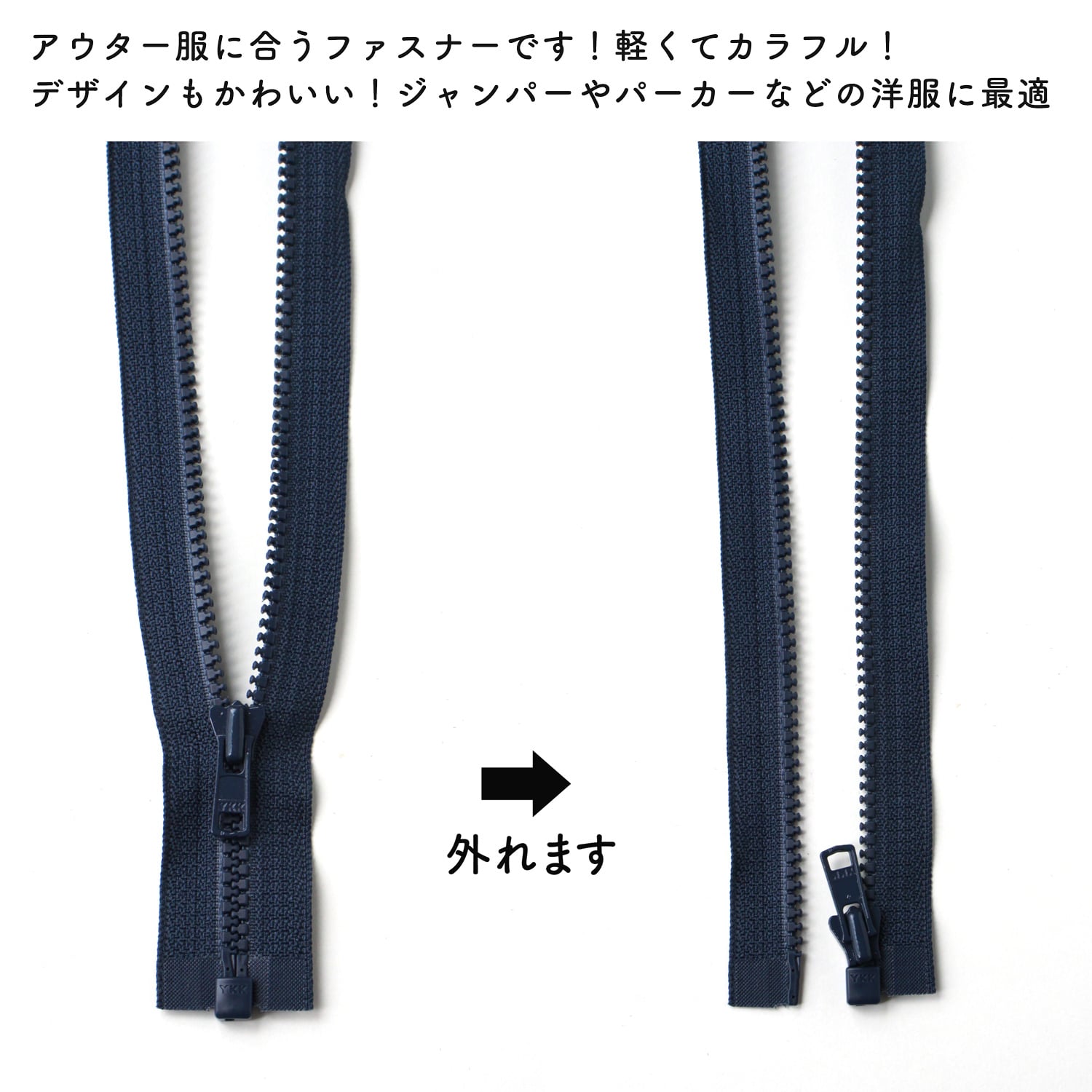 日本紐釦貿易 Y.K.K ビスロンオープンファスナー 40cm 同色3本入 col.560 紺 3VS40-560 (ご注文単位1束)【直送品】