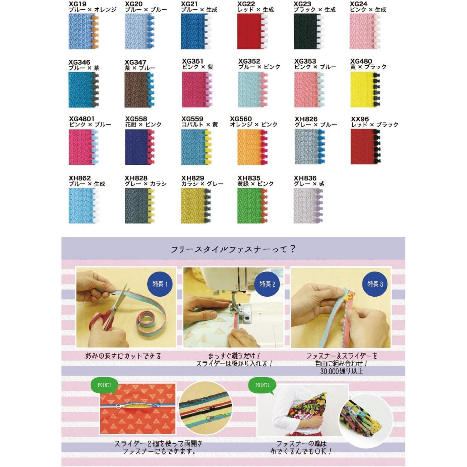 日本紐釦貿易 Y.K.K フリースタイルコンビファスナー 1.2m巻 花紺×ピンク FS3VS-XG558 (ご注文単位1束)【直送品】