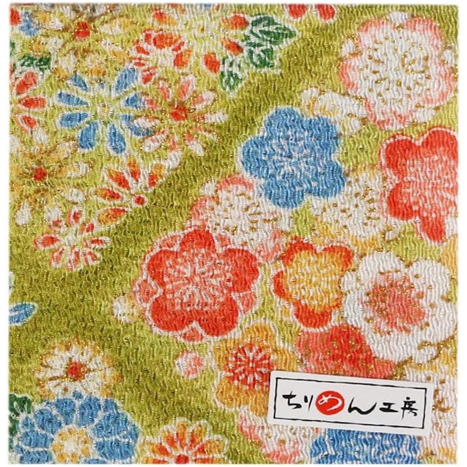 日本紐釦貿易 ちりめんカット 金彩 約23×33cm 花と紅葉柄 黄緑 GH31-05 （ご注文単位1枚）【直送品】