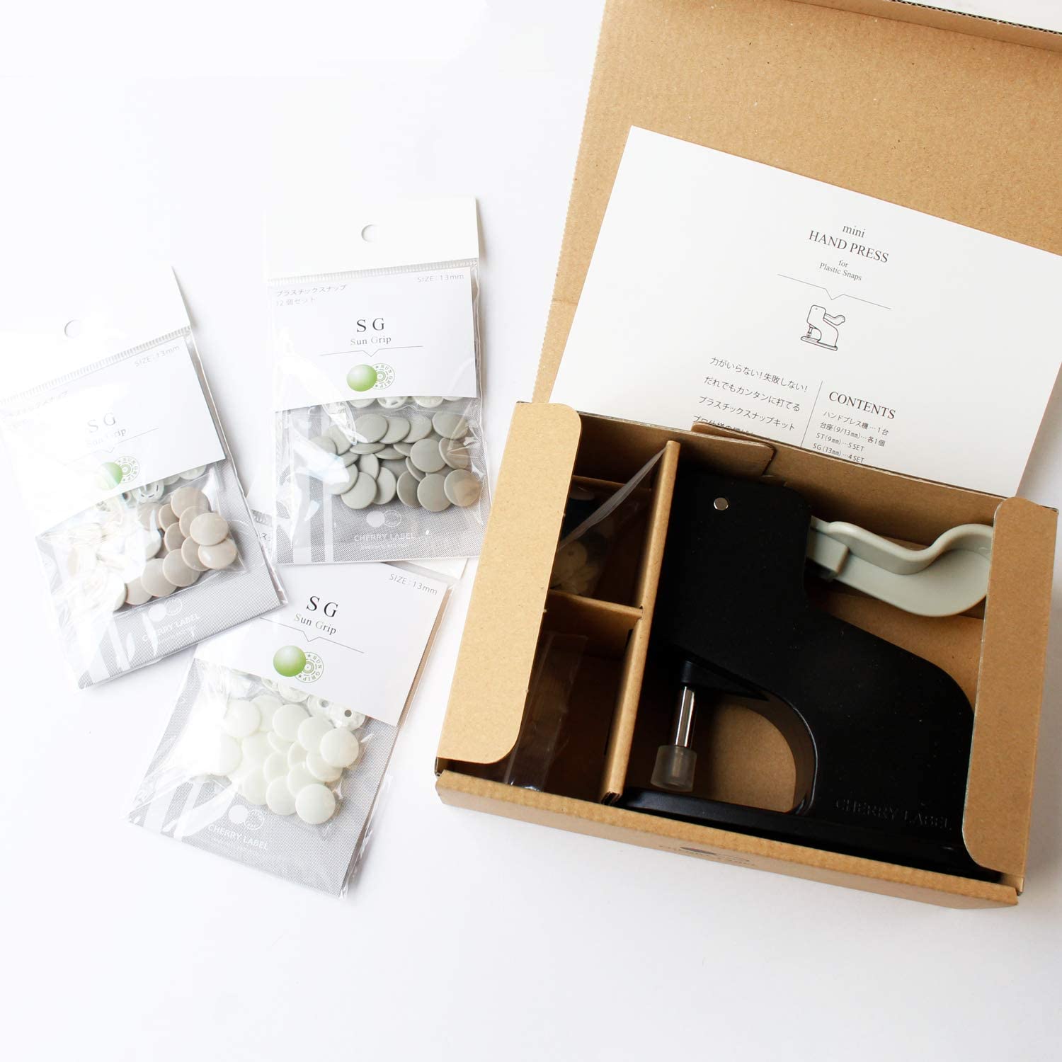 日本紐釦貿易 CHERRY LABEL プラスチックスナップボタンハンドプレススターターセット+ボタン3色 Aセット SG-ASET-CL （ご注文単位1セット）【直送品】