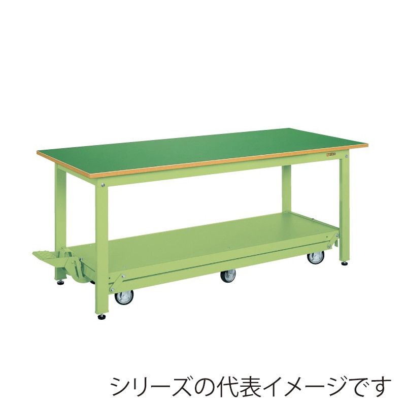 サカエ 中量作業台 ペダル昇降移動式 KKタイプ 6輪車サカエリューム天板 グリーン/グリーン KK-157Q6F 1台(ご注文単位1台)【直送品】