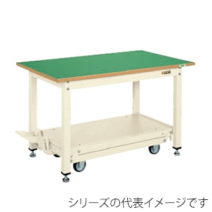 サカエ 中量作業台 ペダル昇降移動式 KTタイプサカエリューム天板 グリーン/アイボリー KT-187FENI 1台(ご注文単位1台)【直送品】