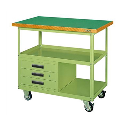 サカエ 移動作業車 引出し3段付 ゴム車 グリーン SKR-330 1台(ご注文単位1台)【直送品】