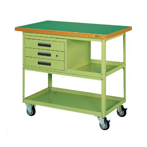 サカエ 移動作業車 引出し3段付 ゴム車 グリーン SKR-320 1台(ご注文単位1台)【直送品】