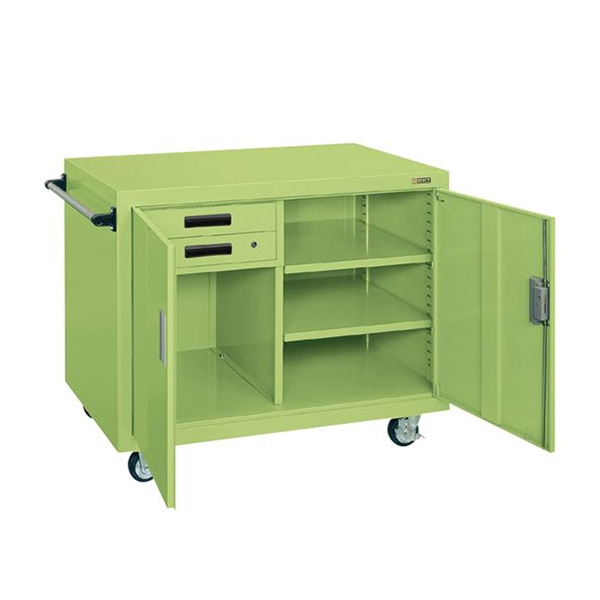 サカエ ジャンボワゴン 引出し2段 扉付 ゴム車 グリーン SKR-201 1台(ご注文単位1台)【直送品】