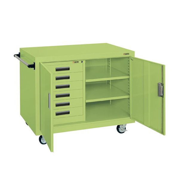 サカエ ジャンボワゴン 引出し6段 扉付 ゴム車 グリーン SKR-200N 1台(ご注文単位1台)【直送品】