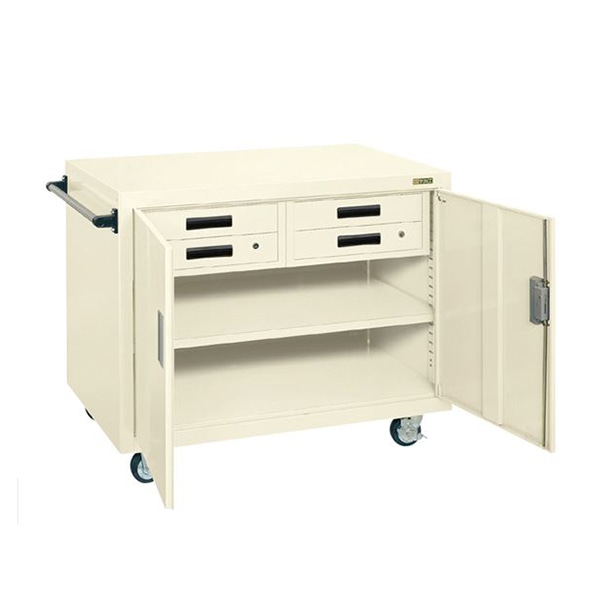 サカエ ジャンボワゴン 引出し4段 扉付 ゴム車 アイボリー SKR-202I 1台(ご注文単位1台)【直送品】