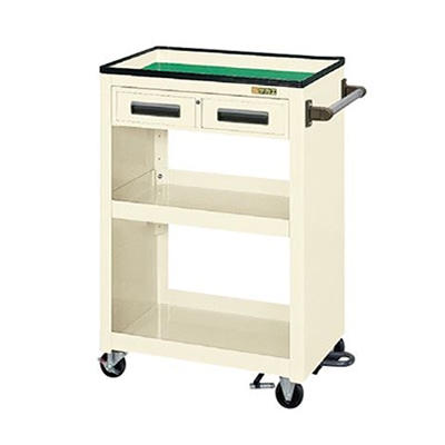 サカエ パネルワゴン　天板皿型　3段　フットブレーキ付 引出し付　ゴム車　アイボリー PMW-4CBRI 1台（ご注文単位1台）【直送品】