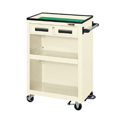 サカエ パネルワゴン　天板皿型　3段　フットブレーキ付 引出し・背パネル付　ゴム車　アイボリー PMW-5CBRI 1台（ご注文単位1台）【直送品】