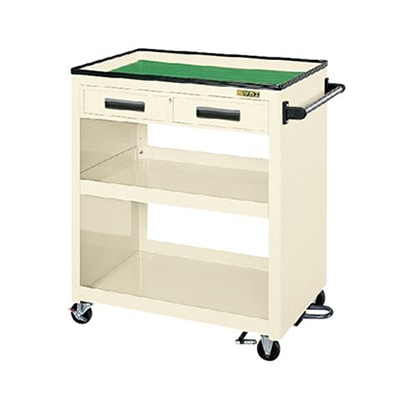 サカエ パネルワゴン　天板皿型　3段　フットブレーキ付 引出し付　ゴム車　アイボリー PKW-4CBRI 1台（ご注文単位1台）【直送品】