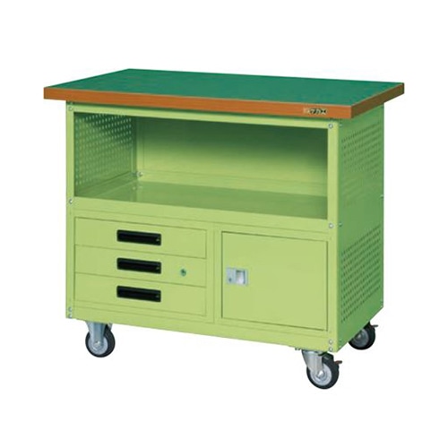 サカエ 移動作業車　引出し3段・ロッカー・パネル付 ゴム車　グリーン SKR-300P 1台（ご注文単位1台）【直送品】